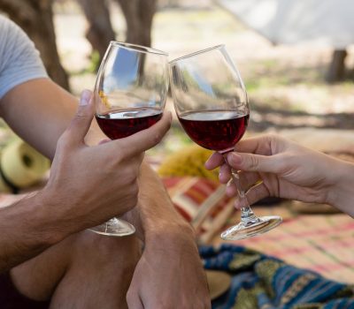 Cropped image of couple toasting wineglasses in tent