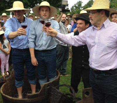 Após o discurso, o governador Sartori colheu alguns cachos e fez a tradicional pisa, que era o método utilizado pelos viticultores para a esmagar as uvas. Foto: Cassiano Farina