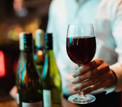 Mid section of bartender holding glass of red wine at bar counter